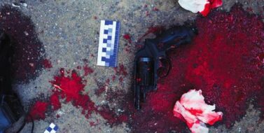 Gun and blood at crime scene
