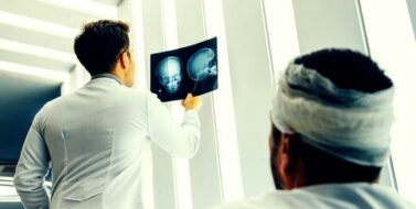 Healthcare professional young doctor examining and analyzing x-ray CT Scan test of human head results of the patients skull with his patient in a medical hospital clinic.