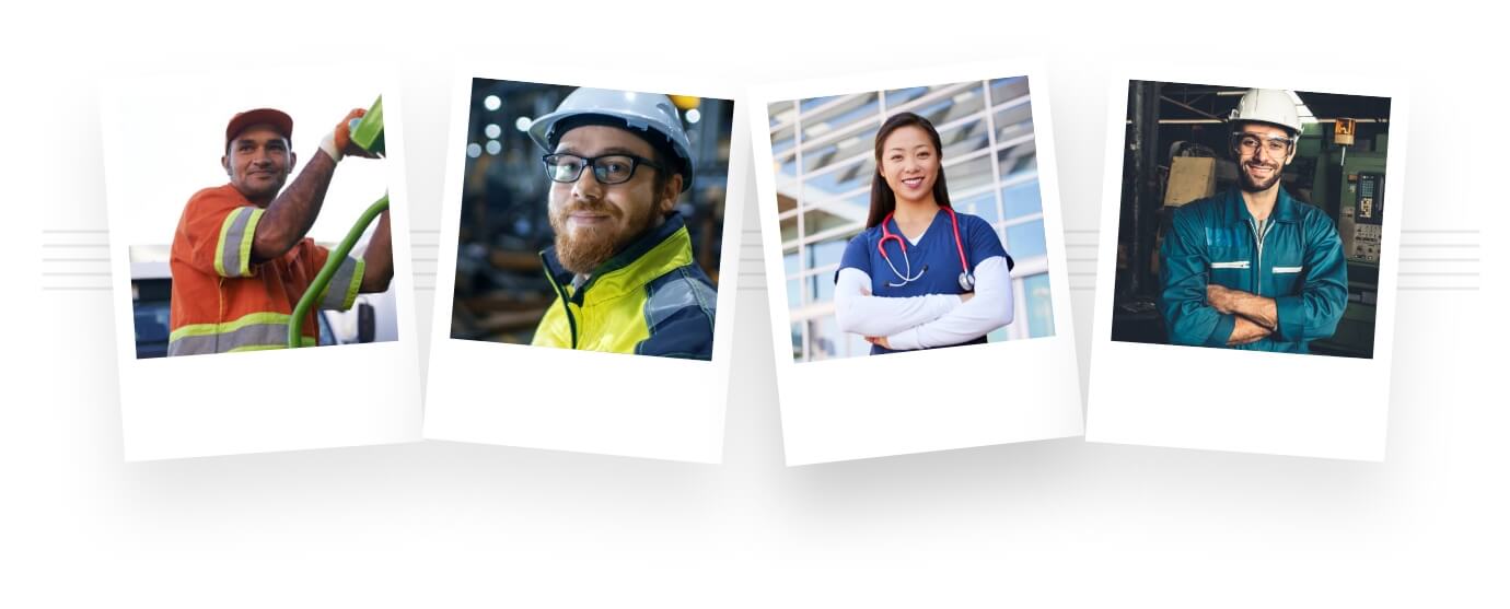 photos of construction worker, utility worker, medical professional and factory worker