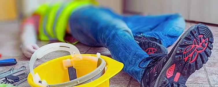 Leg and yellow helmet of injured lying worker at work. workers' compensation claim checklist