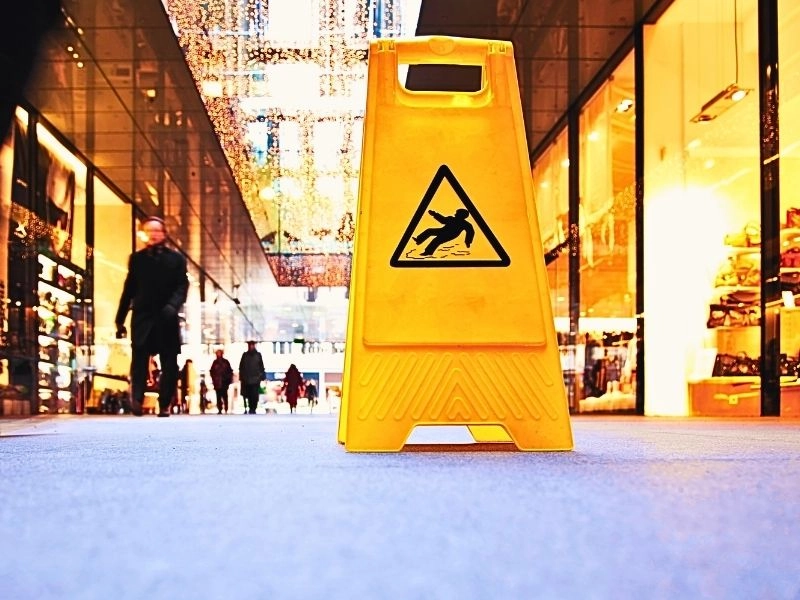 Slippery when wet sign inside the mall with blurred people walking in the background. Types of incidents fall under premises liability claims.