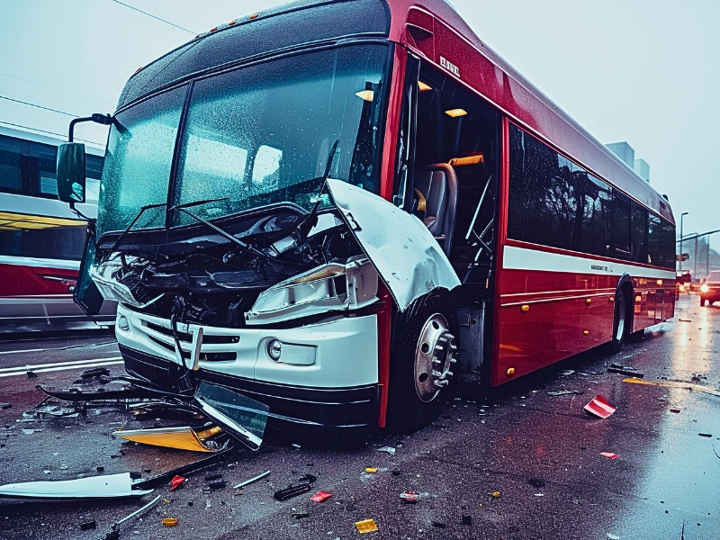 Bus traffic accident on road, motor insurance policy concept.