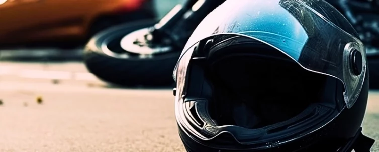 Fragments of a broken motorcycle on the pavement. helmet laws in Illinois