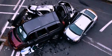 Multiple car accident with two white silvers cars and a red van in Illinois